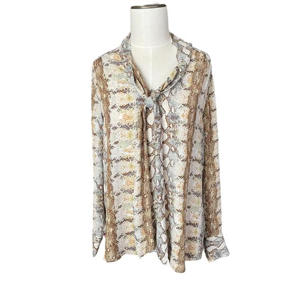 Rachel Zoe Top Women's L Tie Neck Blouse Snake Animal Print Long Sleeve Bow - Picture 1 of 12